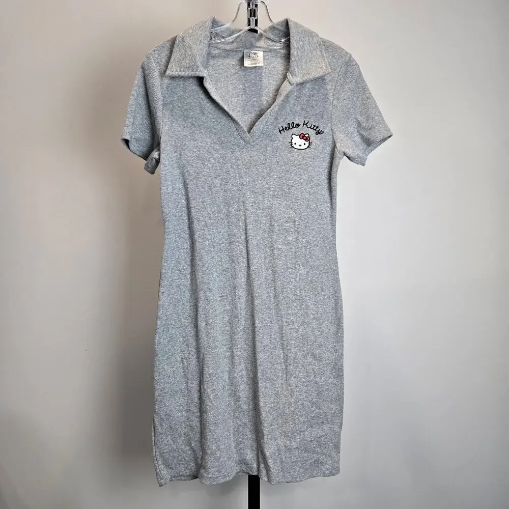 Hello Kitty Sanrio Dress Gray Ribbed Polo Style Short Sleeve Embroidered Large - Picture 1 of 6